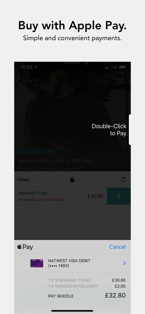 Skiddle: Events and Tickets - Interfaz de la aplicación Skiddle para comprar entradas de eventos usando Apple Pay.