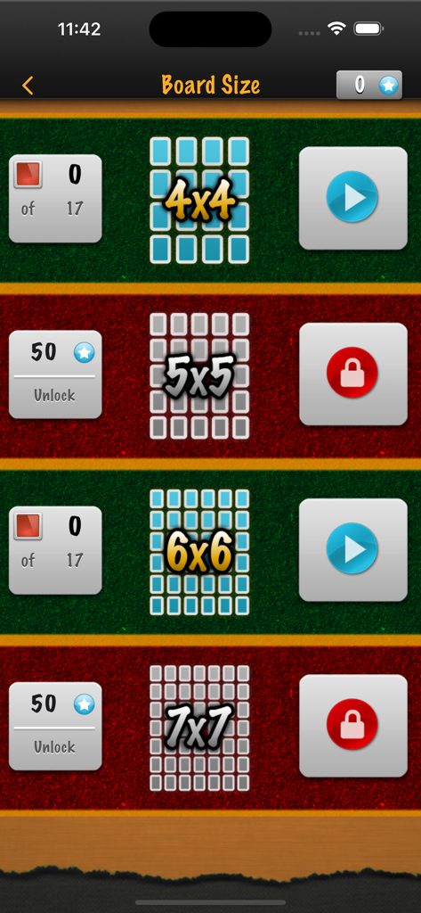 Memory Matches - Memory Matches board size selection screen with 4x4 5x5 6x6 and 7x7 grid options