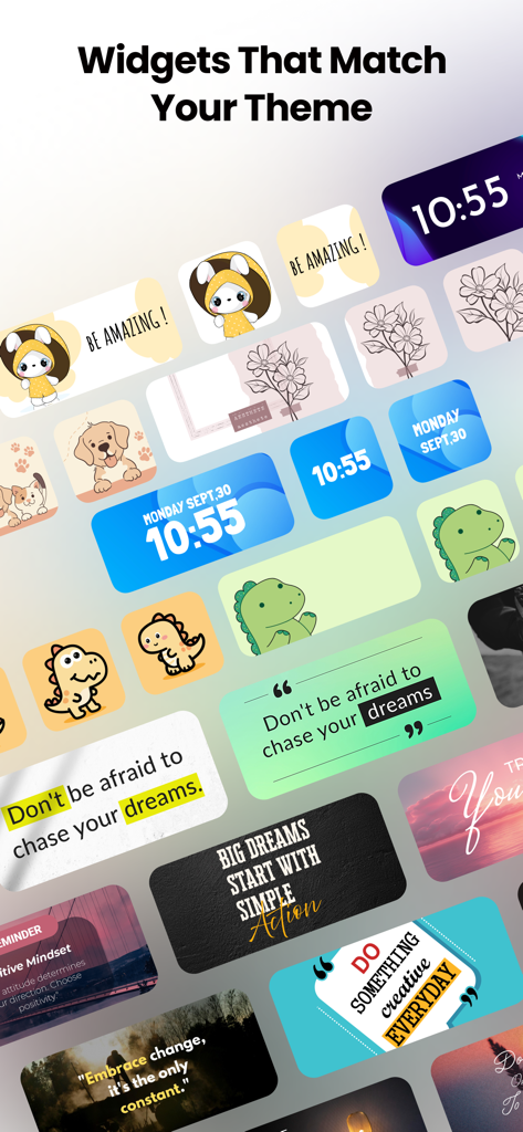 A showcase of various aesthetic widgets for iPhone including cute illustrations, clocks, and motivational quotes