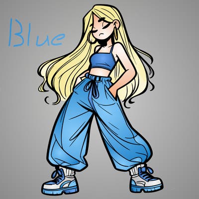 girl in baggy pants crop top and long hair