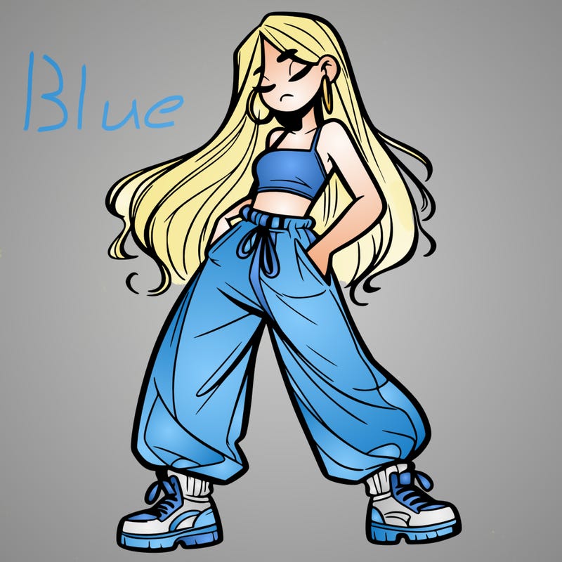 girl in baggy pants crop top and long hair