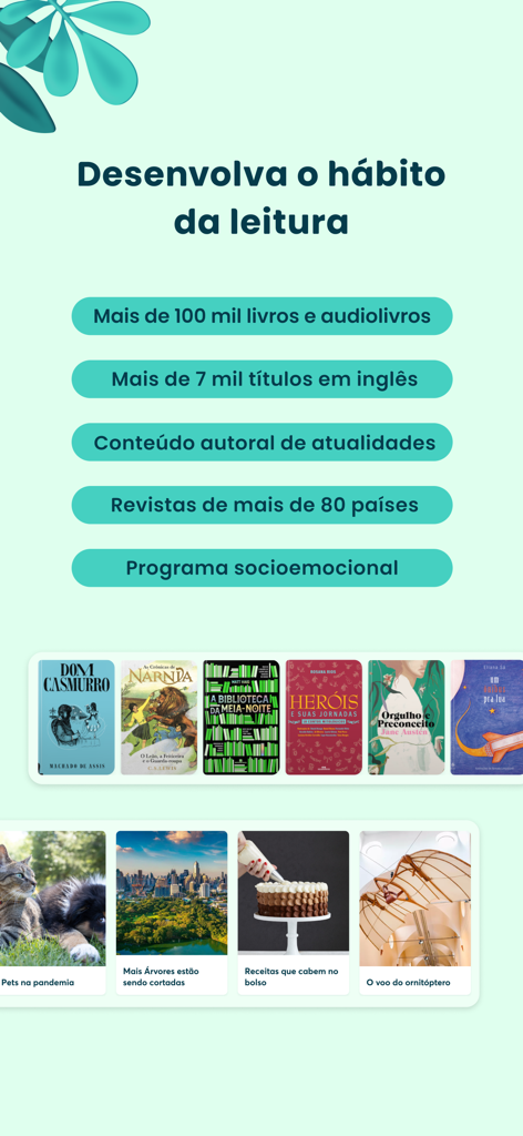 Árvore - Tela promocional do aplicativo educacional Árvore destacando sua biblioteca digital, audiolivros e programas socioemocionais.