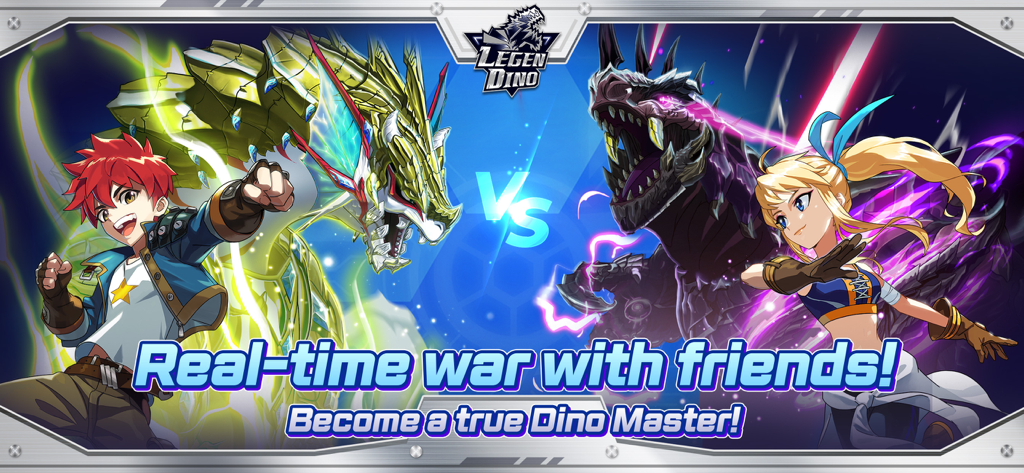 Two characters and their dinosaurs in a versus battle pose from the game Legendino Dinosaur Battle