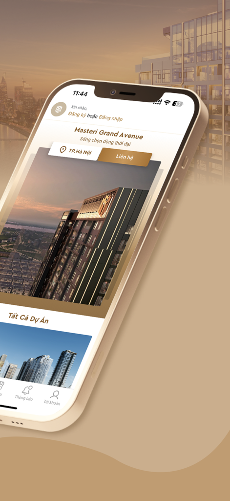 Interfaz de la aplicación Masterise Homes que muestra listados de apartamentos de lujo en Hanoi