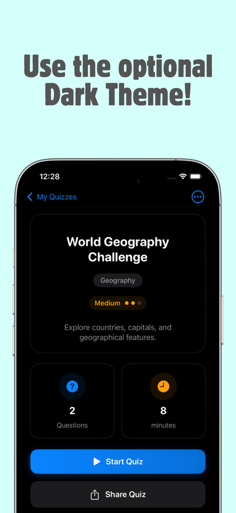 AI Quiz Maker - Test Generator - Interfaccia dell'app Quizy con tema scuro e anteprima di un quiz di geografia mondiale
