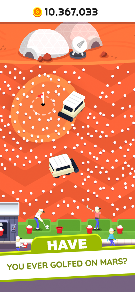 Golf Inc. Tycoon - Juego de Golf Inc Tycoon mostrando un campo de prácticas en Marte con cúpulas espaciales y golfistas.