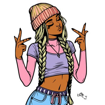 realistic teenage girl with braids and a beanie and crop top doing 🫶🏼