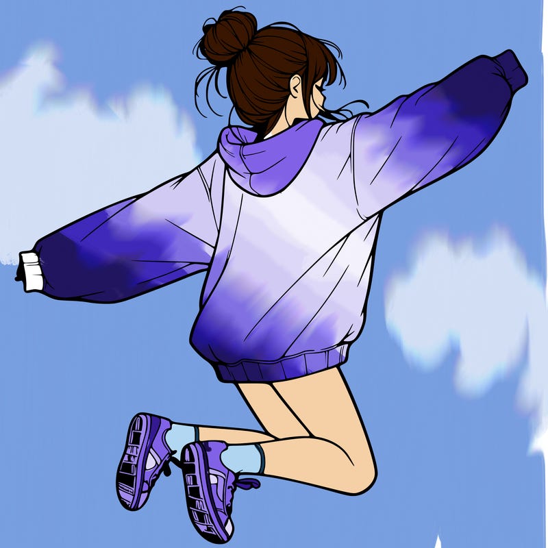realistic girl jumping with a bun and oversized sweatshirt
