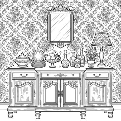 Step into a world of refined elegance with this exquisite buffet and sideboard coloring page. Unleash your artistic flair as you bring this classic piece of furniture and its detailed decor to life.