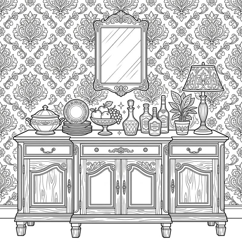 Step into a world of refined elegance with this exquisite buffet and sideboard coloring page. Unleash your artistic flair as you bring this classic piece of furniture and its detailed decor to life.