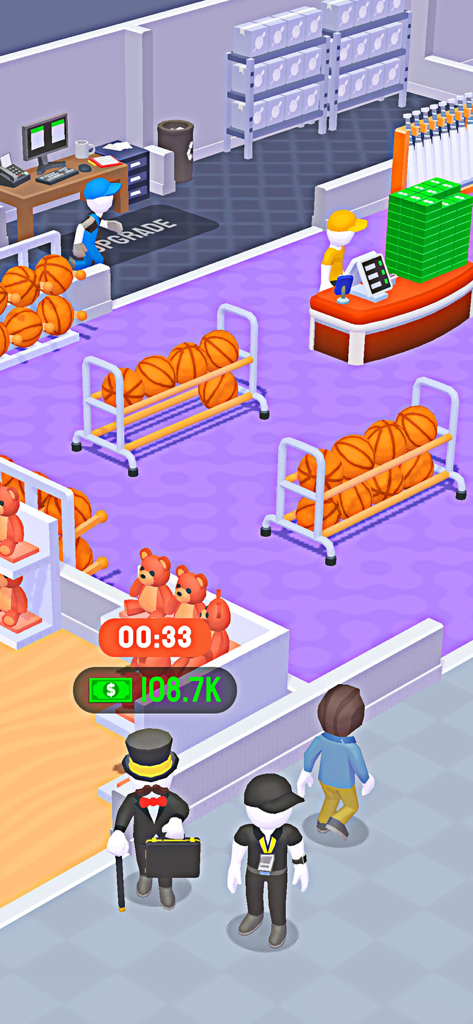 My Mini Mall: Mart Tycoon Game - Gameplay screenshot of My Mini Mall showing a character managing a toy and sports store with basketballs and teddy bears