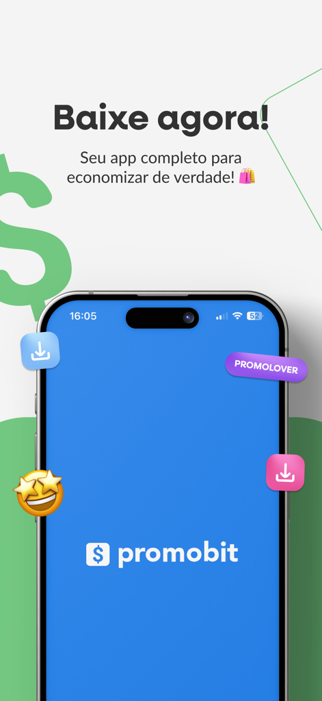 Promobit - Ofertas e Descontos - Tela de download do aplicativo de compras Promobit com um smartphone e texto em português sobre economia