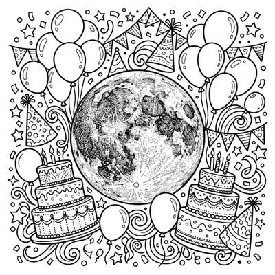 Celebrate a cosmic birthday with this unique coloring page featuring an intricate dot work moon surrounded by festive party decorations. Unleash your creativity and bring this celestial celebration to life with your favorite colors.