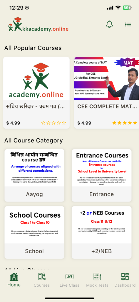 KK Academy app home screen displaying course categories and popular classes