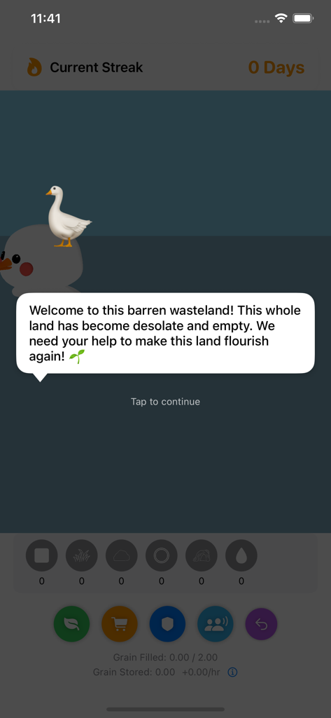Pantalla de introducción de la aplicación Escape Goose que muestra un ganso blanco mascota y un mensaje de bienvenida sobre hacer florecer la tierra.