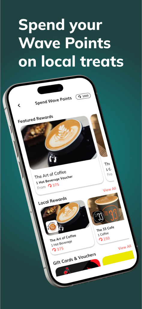 SQUID Rewards - Wave Points - Écran de l'application mobile SQUID Rewards montrant les récompenses en vedette et locales pour les cafés et les friandises.
