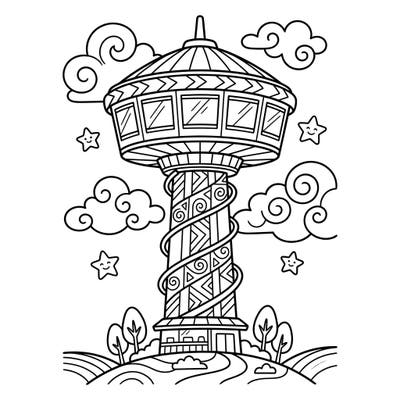 Embark on an aerial adventure with this delightful rotating sky tower coloring page, designed especially for young explorers. Children will love bringing this whimsical landmark to life with their favorite colors, surrounded by playful clouds and smiling stars.