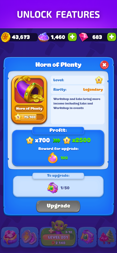Goblins Wood: Gold Miner Game - Legendary Horn of Plenty upgrade screen in Goblins Wood idle tycoon game