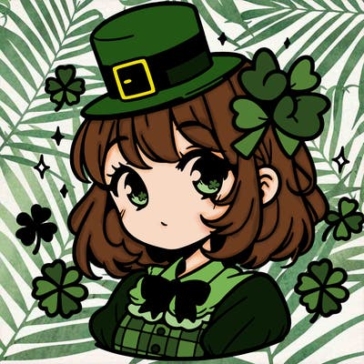 a manga-style girl with clovers around her, a little hat in her hair, like it's saint patrick's day