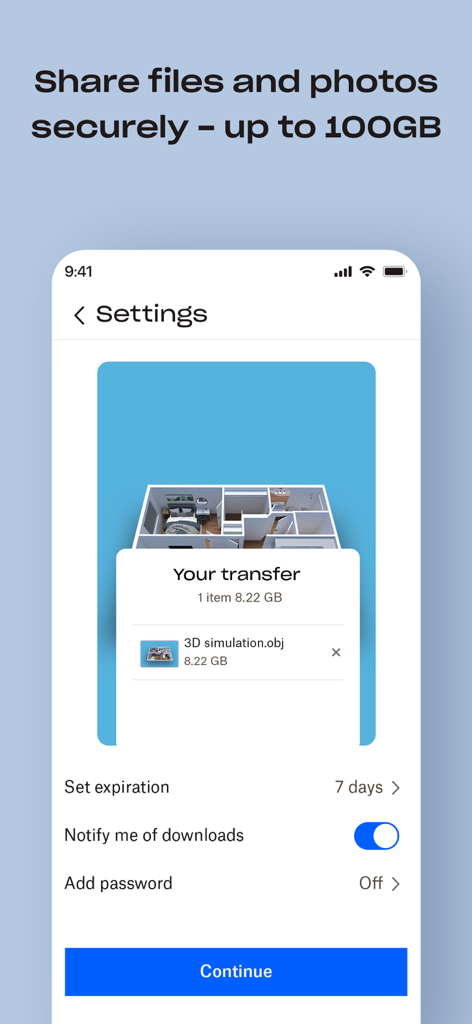 Dropbox app interface showing settings for sharing a large 3D simulation file securely with options for expiration and password protection
