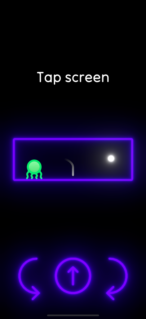 Orbie is Lost in Space - A minimalist space puzzle game level featuring a green character and neon purple gravity control buttons on a black background.