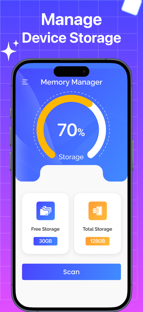 Phone Storage - Junk Removal - Mobile app interface showing memory manager dashboard with storage usage percentage and a scan button