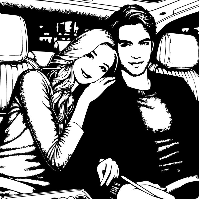 a young couple sits together in a car. the woman has long, straight, blonde hair and is wearing a beige, slightly textured top. she smiles gently and hugs the man from the side. the man has short, dark hair, a well-groomed beard and is wearing a dark outfit. both are looking directly into the camera with happy, relaxed expressions. in the background you can see car seats, a parked car and an illuminated building at night.