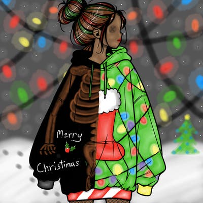 realistic girl with a oversized sweatshirt on and a bun