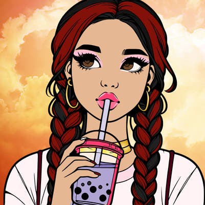 realistic girl with braided hair drinking boba