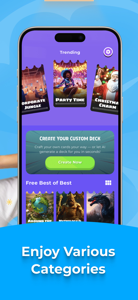 The Charades app interface showcasing a variety of themed decks like Party Time and Mythology with an option to create custom decks.