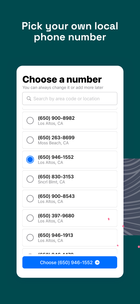 Screen in the Unlisted app displaying a list of available local phone numbers to select as a second line.