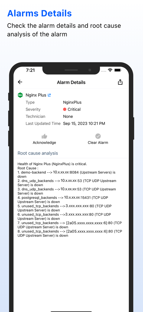 Applications Manager - Nginx Plusの重大アラームの詳細と根本原因分析を示すモバイルアプリ画面。
