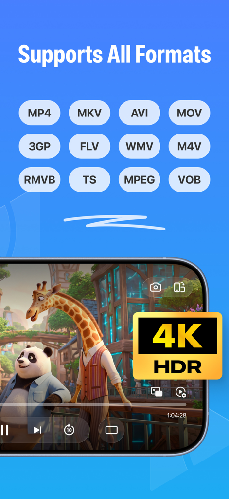 Video Player - Arc Player - Arc Player app screen showing supported video formats and 4K HDR playback feature