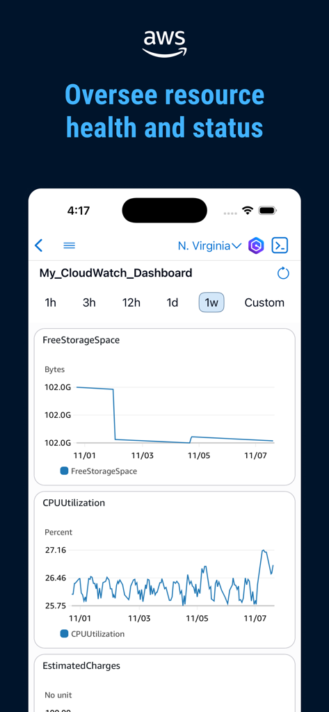 AWS Console mobile app displaying CloudWatch dashboard with CPU and storage metrics