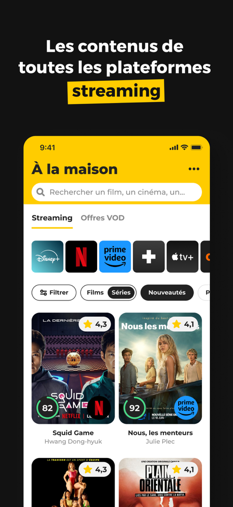 AlloCine app interface displaying integrated streaming platforms like Netflix and Disney plus with personalized movie affinity scores