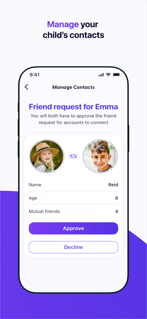 Parental control screen in Kinder Messenger showing a friend request approval for a child