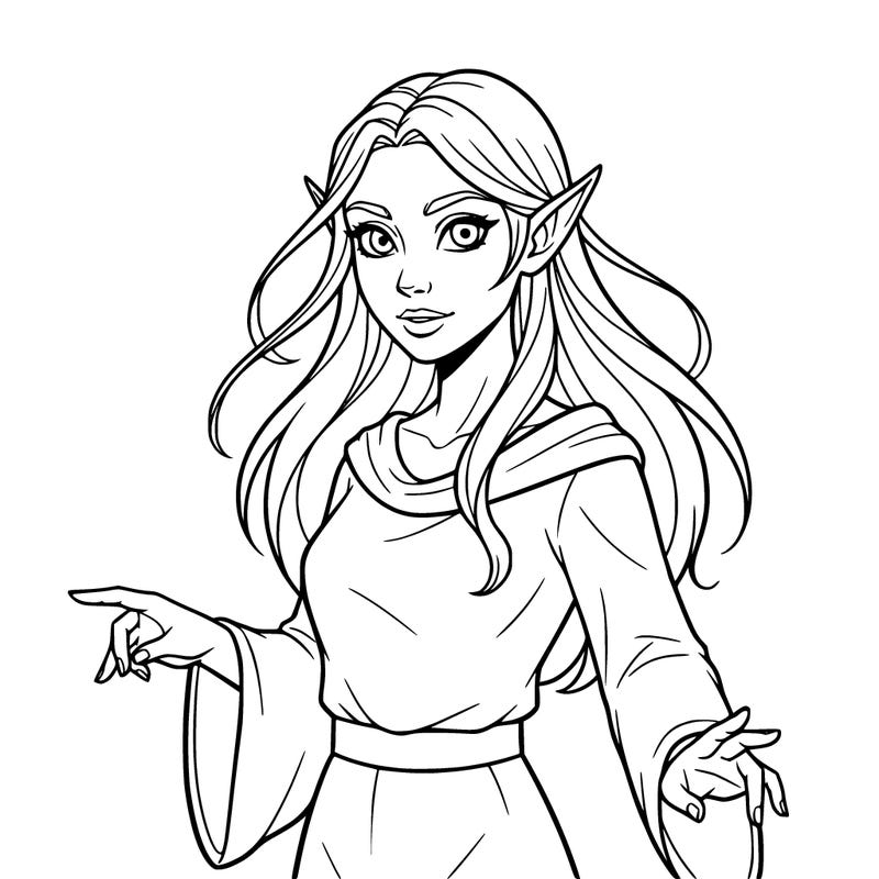 realistic beautiful elven sorceress from the waist up long hair facing forward big eyes simple robe