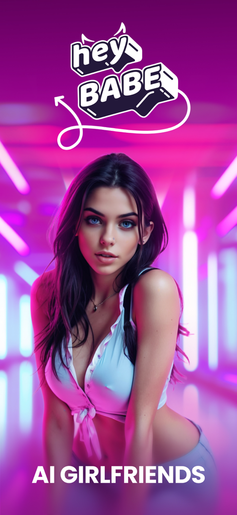 HeyBabe app home screen featuring a realistic AI girlfriend in a neon-lit room