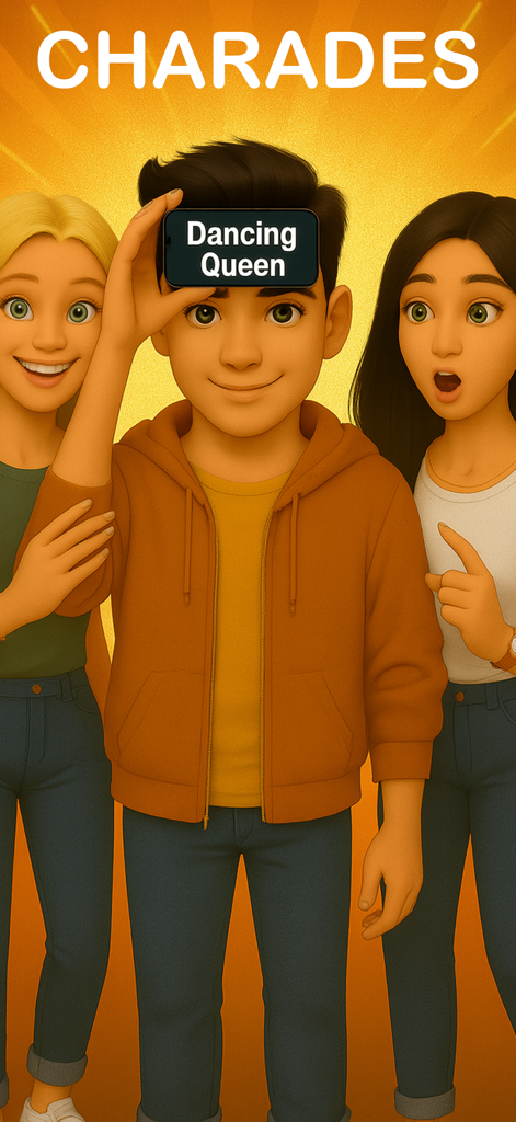 Charades - Who Am I?!? - Three friends playing charades with a phone held to the forehead showing the text Dancing Queen