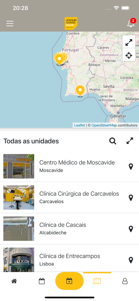 JCS - Joaquim Chaves Saúde - Um mapa de Portugal mostrando as localizações das clínicas médicas Joaquim Chaves Saude com uma lista descritiva abaixo.