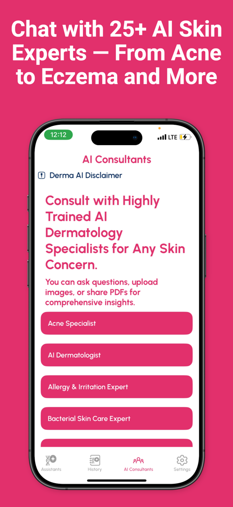 Derma AI: AI for Dermatology - List of AI dermatology experts in the Derma AI app for chatting about skin concerns