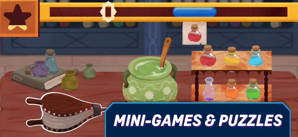 Time Hoppers - An alchemy themed puzzle mini game featuring a green cauldron and colorful potion bottles