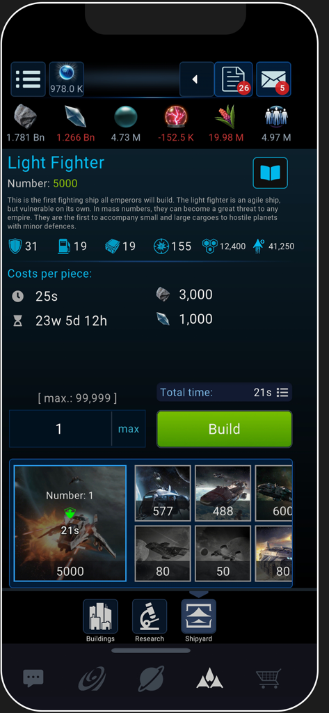 OGame - Interfaccia del cantiere navale di OGame che mostra statistiche e costi delle risorse per costruire un caccia leggero.