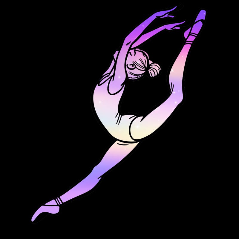 gymnast doing a leap in a leotard with a bent back leg
