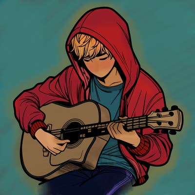 realistic boy in hoodie playing guitar