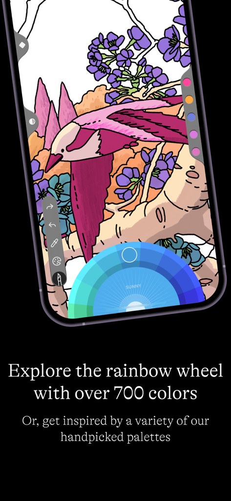 Lake coloring app interface showing a rainbow color wheel and bird illustration.