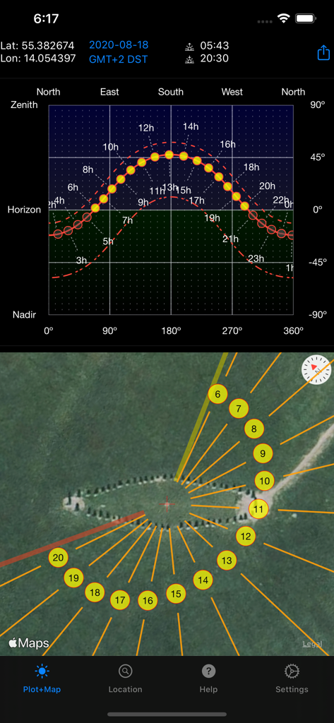 Sun Focus - Sun Focus app interface featuring an interactive sun path plot and a satellite map with solar trajectory overlays