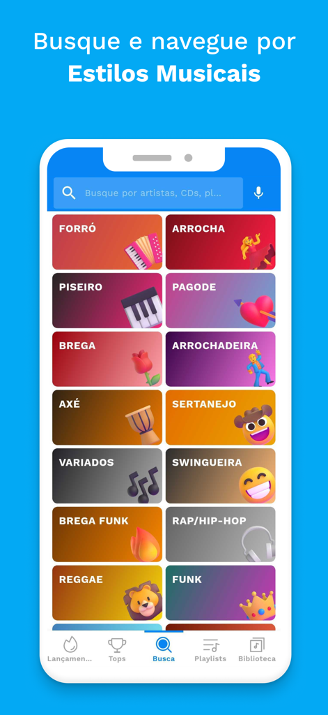 Sua Música: Ouvir e Baixar - Interfaccia dell'app Sua Musica che mostra vari generi musicali brasiliani come Forro Piseiro e Sertanejo per la navigazione