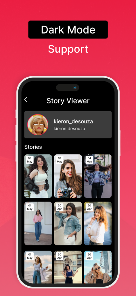 InstaSaver - Video Saver - Interfaz de la aplicación InstaSaver mostrando la función de visualización de historias en modo oscuro con una cuadrícula de historias de Instagram de un perfil.