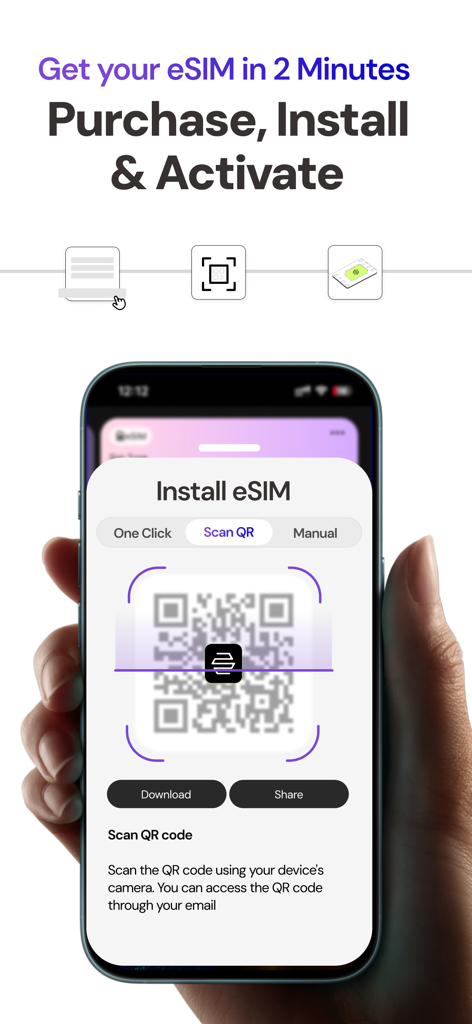 ZetSIM: Travel eSIM & Internet - A smartphone screen showing the ZetSIM app interface for installing a travel eSIM by scanning a QR code